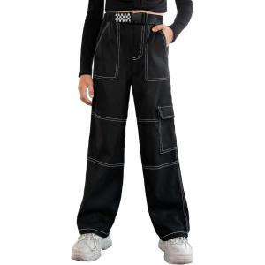imageSOLY HUX Girls Casual Elastic High Waisted Pocket Side Cargo PantsPlain Black