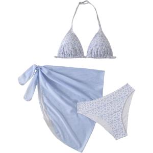 imageSOLY HUX Girls Summer Swimsuit Set Floral Halter Triangle Bikini Set with Wrap Skirts BeachwearBlue and White