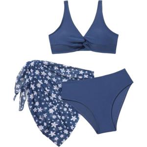 imageSOLY HUX Girls Swimsuits Twist Front Bikini Set with Floral Beach Skirts Summer Bathing SuitsBlue Floral