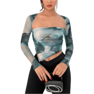 imageSOLY HUX Sexy Crop Tops for Women Long Sleeve Square Neck Asymmetrical Y2k Going Out Crop Tops Fall Outfits for WomenDark Green Tie Dye