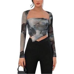 imageSOLY HUX Sexy Crop Tops for Women Long Sleeve Square Neck Asymmetrical Y2k Going Out Crop Tops Fall Outfits for WomenGrey Multi