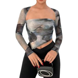 imageSOLY HUX Sexy Crop Tops for Women Long Sleeve Square Neck Asymmetrical Y2k Going Out Crop Tops Fall Outfits for WomenMulti Tie Dye
