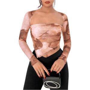 imageSOLY HUX Sexy Crop Tops for Women Long Sleeve Square Neck Asymmetrical Y2k Going Out Crop Tops Fall Outfits for WomenOrange Tie Dye