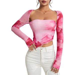 imageSOLY HUX Sexy Crop Tops for Women Long Sleeve Square Neck Asymmetrical Y2k Going Out Crop Tops Fall Outfits for WomenPink and White