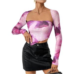 imageSOLY HUX Sexy Crop Tops for Women Long Sleeve Square Neck Asymmetrical Y2k Going Out Crop Tops Fall Outfits for WomenPurple Tie Dye
