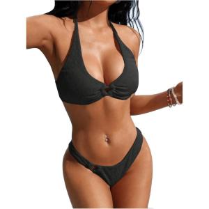 imageSOLY HUX Womens Bathing Suit Ring Linked Halter Bikini Sets Two Piece SwimsuitSolid Black