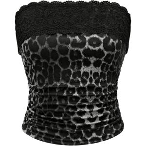 imageSOLY HUX Womens Leopard Print Tube Top Y2k Lace Trim Strapless Tight Fitted Crop Bandeau VestDark Grey