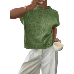 imageSOLY HUX Womens Ribbed Sweater Crew Neck Short Sleeve Loose Fit Floral Knit Pullover TopsArmy Green