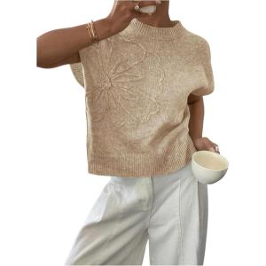 imageSOLY HUX Womens Ribbed Sweater Crew Neck Short Sleeve Loose Fit Floral Knit Pullover TopsBeige Floral