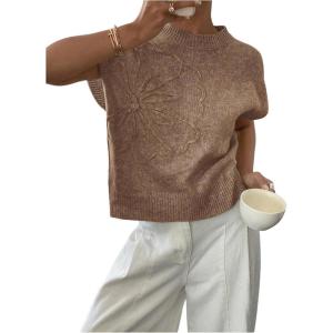 imageSOLY HUX Womens Ribbed Sweater Crew Neck Short Sleeve Loose Fit Floral Knit Pullover TopsCoffee Brown