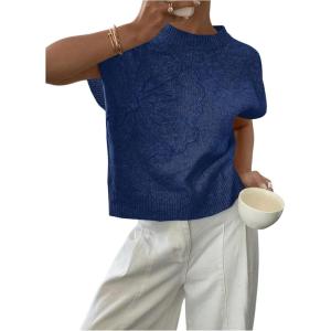 imageSOLY HUX Womens Ribbed Sweater Crew Neck Short Sleeve Loose Fit Floral Knit Pullover TopsDark Blue
