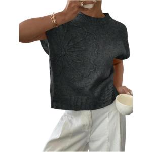 imageSOLY HUX Womens Ribbed Sweater Crew Neck Short Sleeve Loose Fit Floral Knit Pullover TopsDark Grey