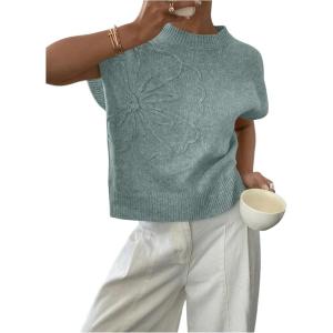 imageSOLY HUX Womens Ribbed Sweater Crew Neck Short Sleeve Loose Fit Floral Knit Pullover TopsDusty Blue
