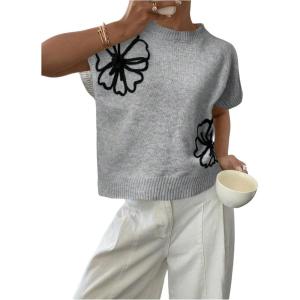 imageSOLY HUX Womens Ribbed Sweater Crew Neck Short Sleeve Loose Fit Floral Knit Pullover TopsGrey Black Floral