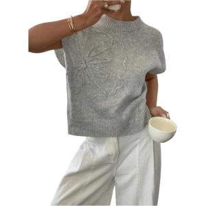 imageSOLY HUX Womens Ribbed Sweater Crew Neck Short Sleeve Loose Fit Floral Knit Pullover TopsGrey Floral