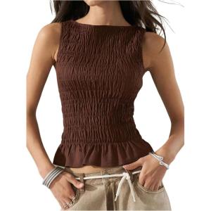 imageSOLY HUX Womens Shirred Ruffle Tank Tops Summer Sleeveless Slim Fit Going Out Vest Shirts StreetwearSolid Brown