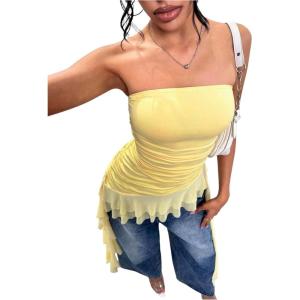 imageSOLY HUX Womens Summer Irregular Ruffle Trim Mesh Tube Top Strapless Vest Shirts Music Festival OutfitsSolid Yellow