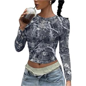 imageSOLY HUX Womens Y2k Camo T Shirt Crew Neck Long Sleeve Slim Fit Tee Going Out Crop TopsDark Grey Maple Leaf
