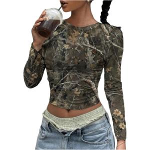 imageSOLY HUX Womens Y2k Camo T Shirt Crew Neck Long Sleeve Slim Fit Tee Going Out Crop TopsMulticoloured Camo