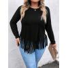 imageSOLY HUX Womens Plus Size Fringe Hem T Shirts Long Sleeve Round Neck Casual Tee TopsPure Black