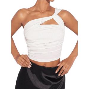 imageSOLY HUX Womens One Shoulder Tank Top Sleeveless Cut Out Ruched Going Out Fitted Crop TopsPure White