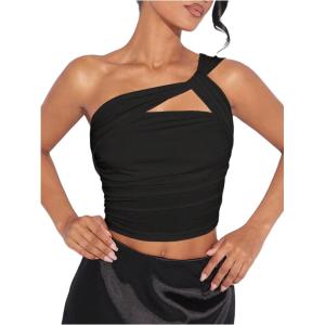 imageSOLY HUX Womens One Shoulder Tank Top Sleeveless Cut Out Ruched Going Out Fitted Crop TopsSolid Black