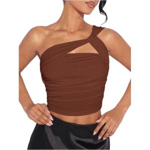 imageSOLY HUX Womens One Shoulder Tank Top Sleeveless Cut Out Ruched Going Out Fitted Crop TopsSolid Coffee Brown