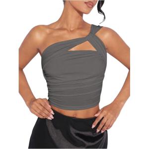 imageSOLY HUX Womens One Shoulder Tank Top Sleeveless Cut Out Ruched Going Out Fitted Crop TopsSolid Grey