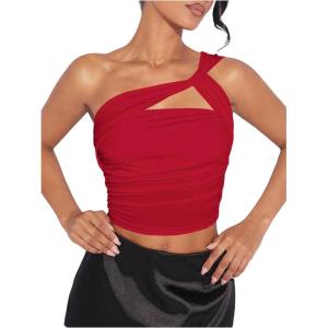 imageSOLY HUX Womens One Shoulder Tank Top Sleeveless Cut Out Ruched Going Out Fitted Crop TopsSolid Red