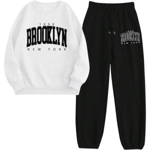 imageSOLY HUX Womens Sweatsuit 2 Piece Letter Graphic Long Sleeve Sweatshirt and Pants Outfits Set Casual TracksuitsBlack and White