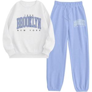 imageSOLY HUX Womens Sweatsuit 2 Piece Letter Graphic Long Sleeve Sweatshirt and Pants Outfits Set Casual TracksuitsWhite and Blue