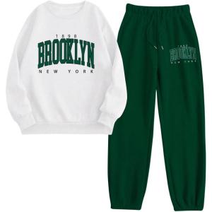 imageSOLY HUX Womens Sweatsuit 2 Piece Letter Graphic Long Sleeve Sweatshirt and Pants Outfits Set Casual TracksuitsWhite and Green
