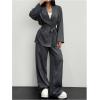 imageSOLY HUX Womens 2 Piece Business Casual Outfit Striped Open Front Long Sleeve Belted Blazer and Pants SetDark Grey