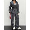 imageSOLY HUX Womens 2 Piece Business Casual Outfit Striped Open Front Long Sleeve Belted Blazer and Pants SetDark Grey