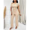 imageSOLY HUX Womens 2 Piece Outfit Asymmetrical Neck Short Sleeve Ruched T Shirt and Pants Going Out SetSolid Apricot
