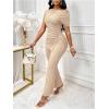 imageSOLY HUX Womens 2 Piece Outfit Asymmetrical Neck Short Sleeve Ruched T Shirt and Pants Going Out SetSolid Apricot