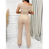 imageSOLY HUX Womens 2 Piece Outfit Asymmetrical Neck Short Sleeve Ruched T Shirt and Pants Going Out SetSolid Apricot