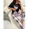 imageSOLY HUX Womens Heart Letter Print Short Sleeve T Shirt and Plaid Pants 2 Piece Summer Pajama SetBlack Heart