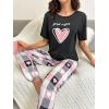 imageSOLY HUX Womens Heart Letter Print Short Sleeve T Shirt and Plaid Pants 2 Piece Summer Pajama SetBlack Heart