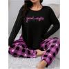 imageSOLY HUX Womens Plus Size Pajama Set Plaid Letter Print Long Sleeve Sleepwear Tee and Pants LoungewearHotpink Plaid