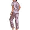 imageSOLY HUX Womens Silk Satin Pajama Sets Floral Print Short Sleeve Sleepwear Button Down Shirt and Pants SetsPurple Floral
