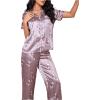 imageSOLY HUX Womens Silk Satin Pajama Sets Floral Print Short Sleeve Sleepwear Button Down Shirt and Pants SetsPurple Floral