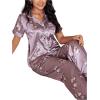 imageSOLY HUX Womens Silk Satin Pajama Sets Floral Print Short Sleeve Sleepwear Button Down Shirt and Pants SetsPurple Floral