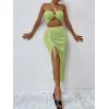 imageSOLY HUX Womens Summer 2 Piece Sexy Bodycon Outfits With Crop Halter Top ampamp Drawstring Split Thigh SkirtPure Lime Green
