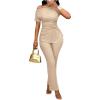 imageSOLY HUX Womens 2 Piece Outfit Asymmetrical Neck Short Sleeve Ruched T Shirt and Pants Going Out SetSolid Apricot