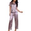 imageSOLY HUX Womens Silk Satin Pajama Sets Floral Print Short Sleeve Sleepwear Button Down Shirt and Pants SetsPurple Floral