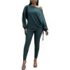 imageSOLY HUX Womens Tracksuit 2 Piece Outfits Drawstring Side Off the Shoulder Long Sleeve Tee and Leggings Pants SetPure Dark Green