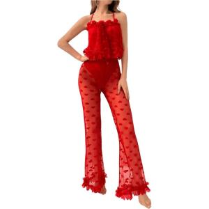 imageSOLY HUX Pajama Sets for Women 2 Piece Mesh Sheer Sleepwear Heart Floral Appliques Cami Top and Pants LoungewearRed Heart