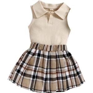 imageSOLY HUX Toddler Girls 2 Piece Outfits Ribbed Knit Short Sleeve Tee Tank Top Plaid Pleated Skirt SetKhaki Plaid