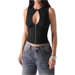 imageSOLY HUX Womens Cut Out Half Zip Tank Top Sleeveless Crew Neck Y2k Going Out Crop TopsPure Black